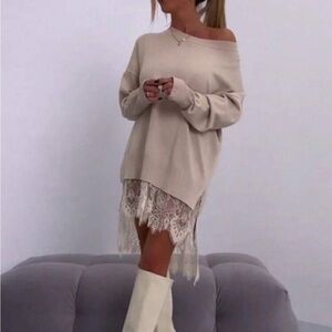 Cream Sweater with Lace Hem